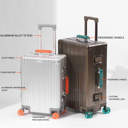 Mala de Viagem de Liga de Alumínio e Magnésio com Grande Capacidade, Cadeado, Rodas Transparentes com Infusão e Carrinho de Negócios