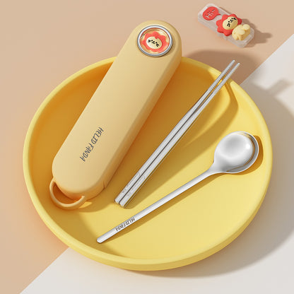 WORTHBUY 5Pcs/Set 316 Stainless Steel Tableware Set With Chopsticks Holder&Box Portable Cartoon Dinnerware Set For Kids Students