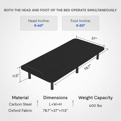Base de Estrutura Ajustável para Cama Twin XL, Design Segmentado, Fácil Montagem, Cobertura de Tecido Oxford, Controle Remoto com Fio, Durabilidade Ultrassilenciosa
