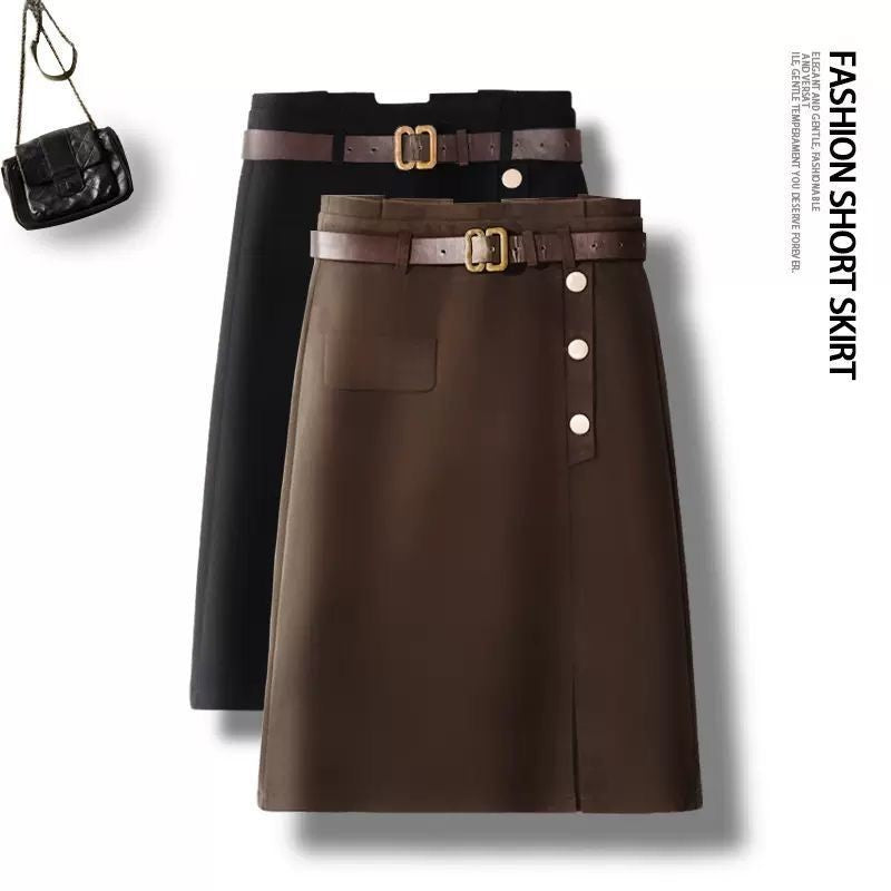 Elegant High Waist Solid Button Patchwork A-line Skirt Autumn Winter All-match Vintage Half Skirt Casual Fashion Women Clothing