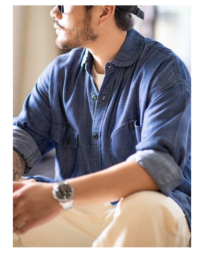 Maden Vintage Denim Shirt for Men's Spring Lightweight CPO Long Sleeve Shirt Lyocell Casual Thin Blue Lapel Collar Blouse