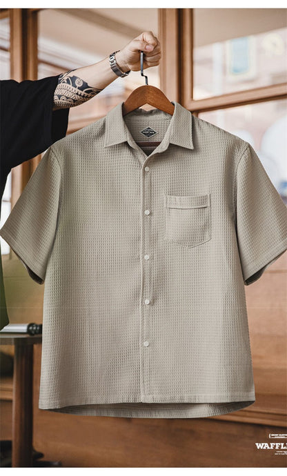 Summer Men's Waffle Short Sleeve Cargo Shirts 2025 New Casual Retro Breathable Lapel Blouse Y2K Vintage Streetwear Tee Shirt