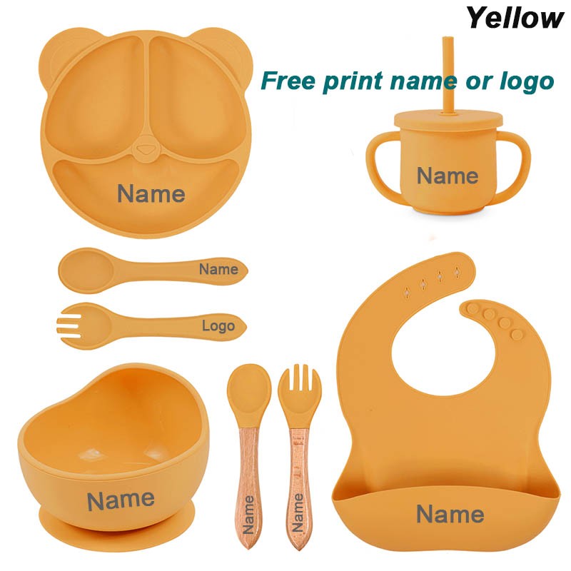 Feeding Set Silicone For Baby Sucker Bowl Dishes Plate For Kids Bear Plate Set Baby Tableware Children's Cup With Straw 8Pcs