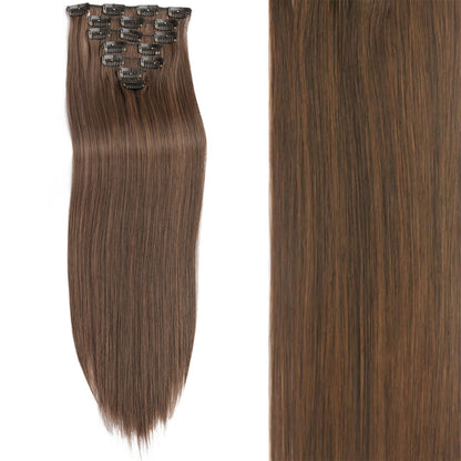 7 peças/conjunto de aplique de cabelo com 16 grampos, preto, longo e liso, cabelo natural, aplique de cabelo ombre, fibra resistente ao calor para penteado feminino