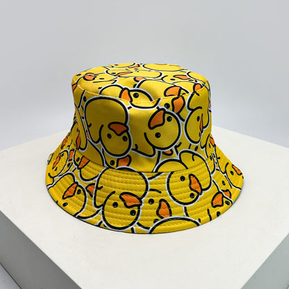New Unisex Print Yellow Duck Bucket Hats Sunshade Double Sided Wearable Fashion Cute Casual Fisherman Caps Versatile Cartoon ins