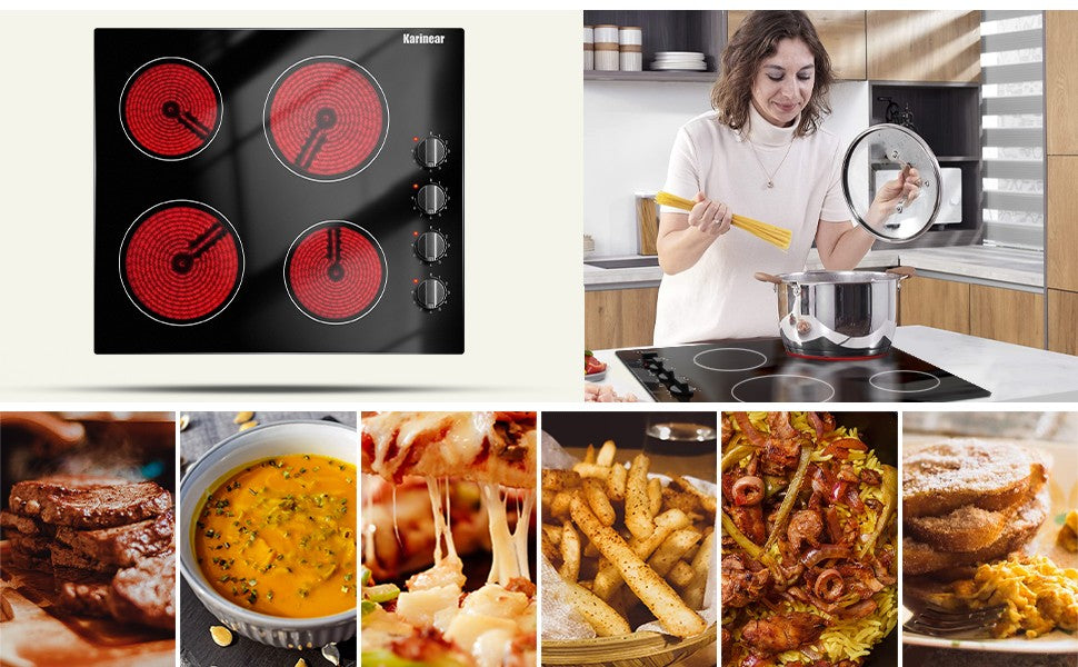 Karinear 4 Burners Electric Cooktop, 24 Inch Built-in, 220-240v, 6000W, Knob Control, Residual Heat Indicator,Hard Wire(No Plug)