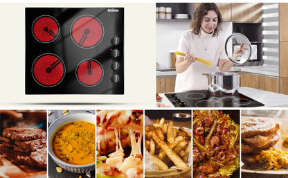 Karinear 4 Burners Electric Cooktop, 24 Inch Built-in, 220-240v, 6000W, Knob Control, Residual Heat Indicator,Hard Wire(No Plug)