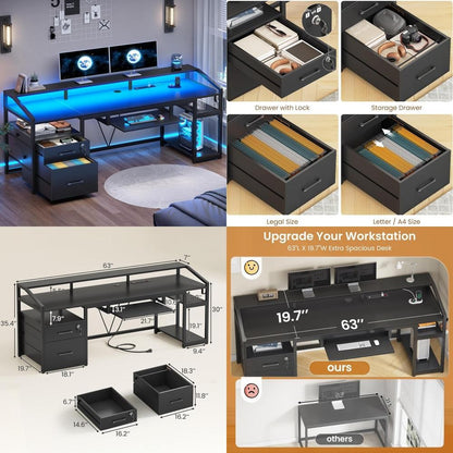 Mesa de jogos com luzes de LED, tomada elétrica, gavetas com chave para escritório e casa, escrivaninha de computador de 63" com armazenamento para arquivos tamanho A4/Carta