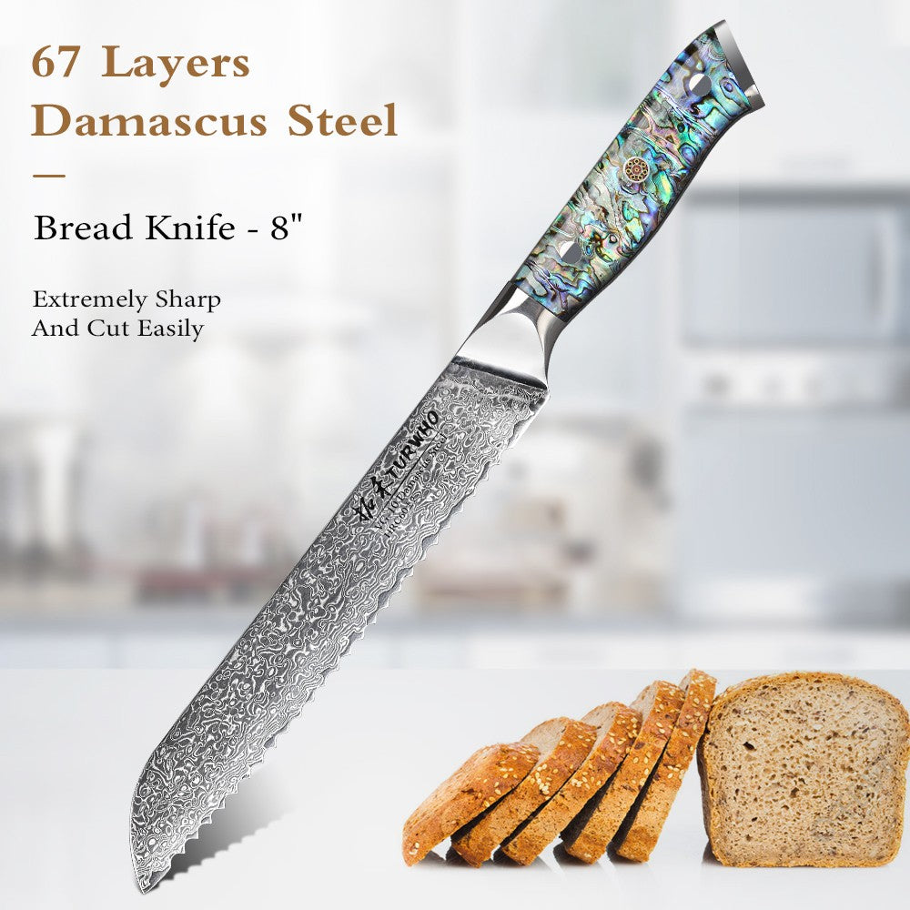 Faca de Cozinha TURWHO Japonesa de Aço Damasco de 67 Camadas com Cabo de Abalone Afiada Faca Santoku para Pão Bife Faca de Chef Ferramentas de Corte para Cozinha