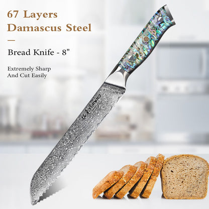 Faca de Cozinha TURWHO Japonesa de Aço Damasco de 67 Camadas com Cabo de Abalone Afiada Faca Santoku para Pão Bife Faca de Chef Ferramentas de Corte para Cozinha