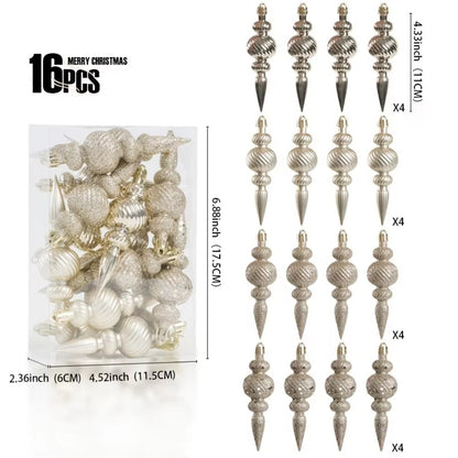 16Pcs 16Pcs/Box Christmas Hanging Balls Special Shaped Gold Powder Xmas Tree Party Decorations with Hanging Rope