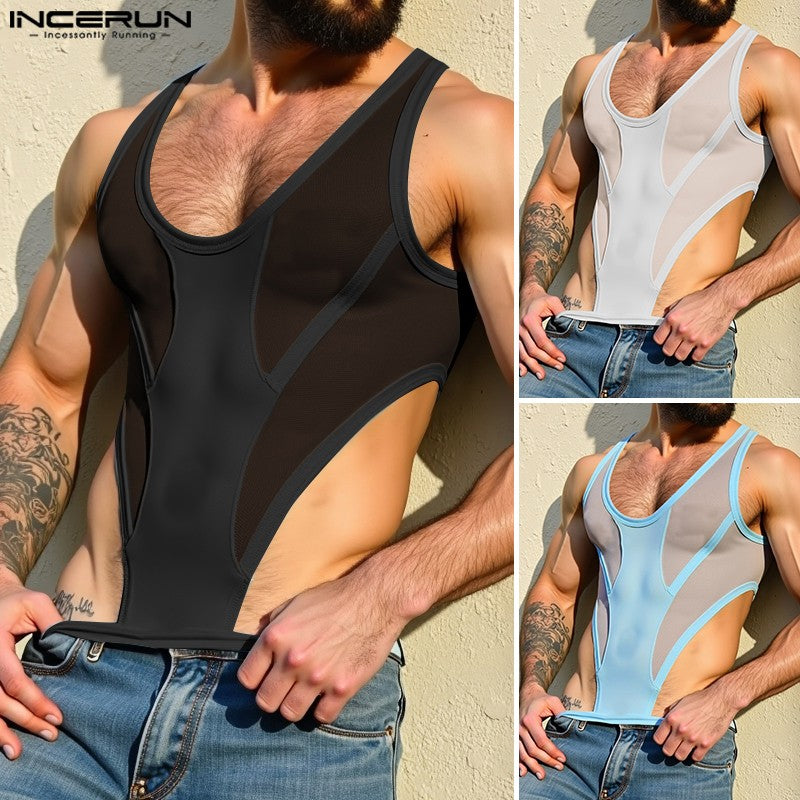 INCERUN American Style Bodysuits Fashion Mens Mesh Splicing Side High Slit Triangle Jumpsuits Sexy Homewear Sleeveless Jumpsuits