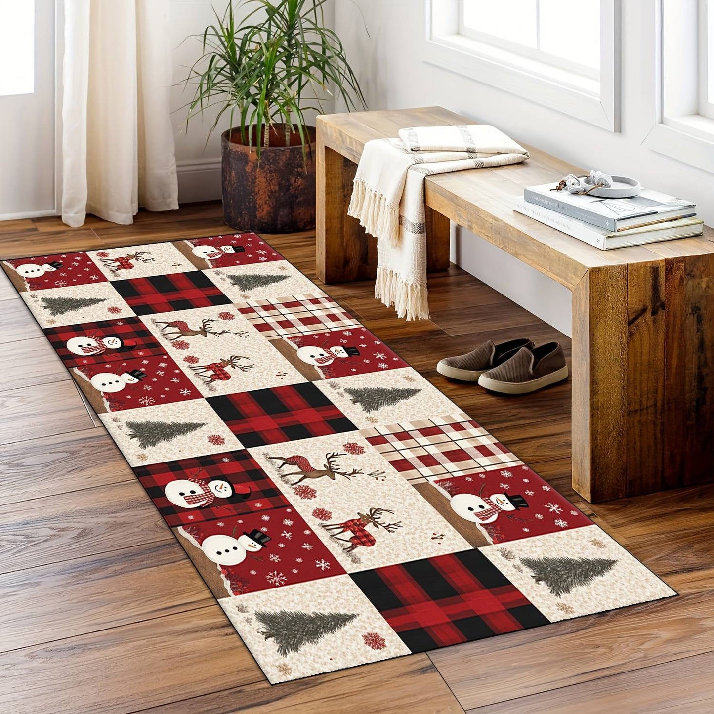 VIKAMA Christmas Red and White Checkered Rug Bedroom and Living Room Doormat Non-Slip, Stain-Resistant Floor Mat Home Decor