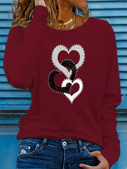 100% pure cotton women's spring and autumn loose comfortable casual heart-shaped graphic printed long sleeved round neck T-shirt