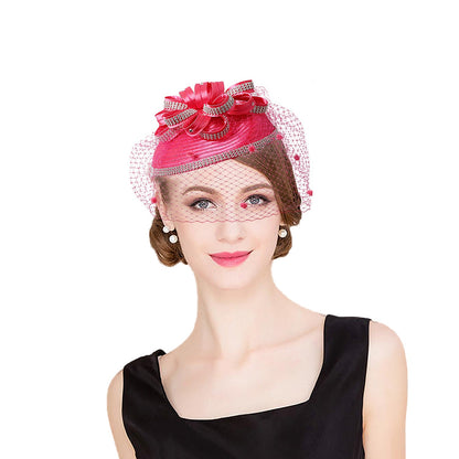 FS Red Wedding Fascinators Pillbox Hats para Mulheres com Véu de Flores Chapéu para Igreja Kentucky Derby Boné Cocktail Tea Party Chapéu de Cabeça
