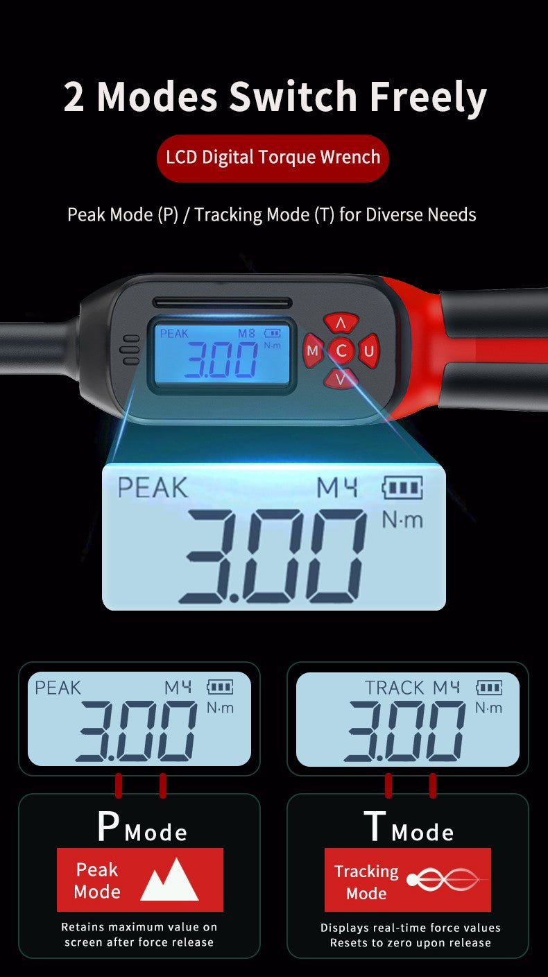 Chave de Torque Digital MoveCrab 0.6-340Nm ±2% Alta Precisão Catraca Bidirecional Alarme Sonoro e LED para Medição de Precisão