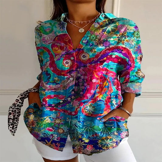 2025 New Retro Floral Art Print Casual Linen Shirt Fashionable Pretty Shirt Fast Shipping