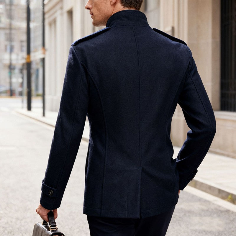 Men's Double-breasted Woolen Overcoat Fashion Solid Color Mid-length Jacket Luxury Light Business Stand Collar Trench Coat M-3XL