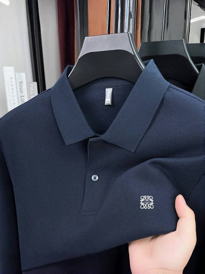 100% pure cotton spring and autumn fashionable men's collar striped long sleeved polo shirt brand embossed casual T-shirt