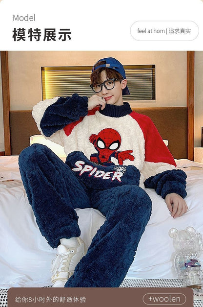 Conjunto de Pijama Masculino Homewear Marvel Homem-Aranha Anime Novo Bonito Desenho Animado Criativo Padrão Simples Moda Flanela Macia Engrossada Quente