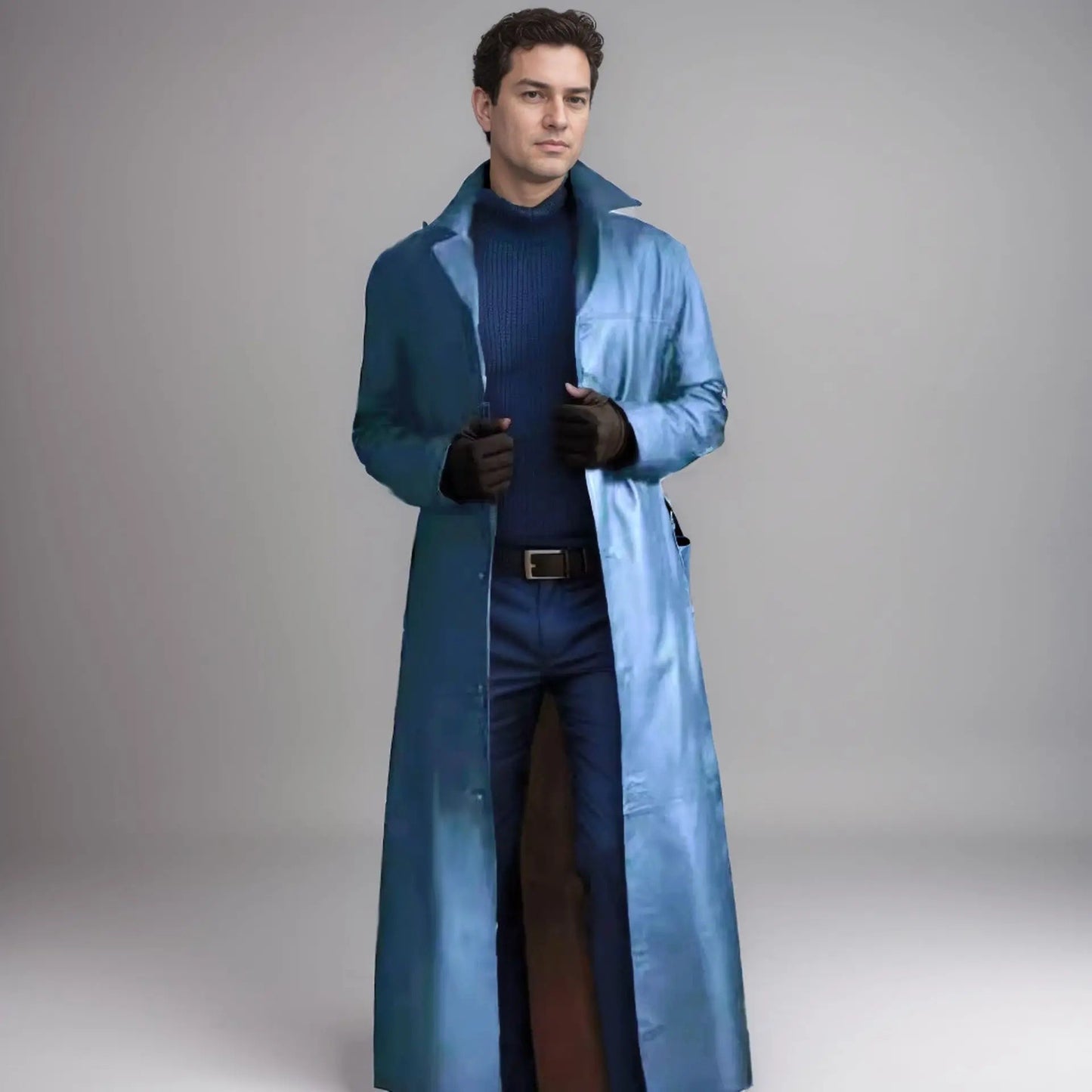 Casual Pure Color Slim Fit PU Leather Long Jacket Men's Coat with Lining Autumn Fashion Quality Outerwear Male Model