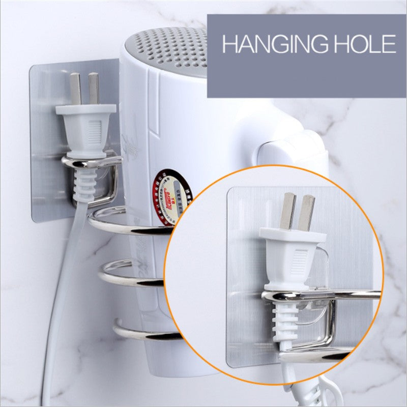 Suporte de Secador de Cabelo Organizador Soprador Adesivo Montado na Parede Sem Pregos Sem Furos Aço Inoxidável Espiral Suporte Armazenamento Para Banheiro