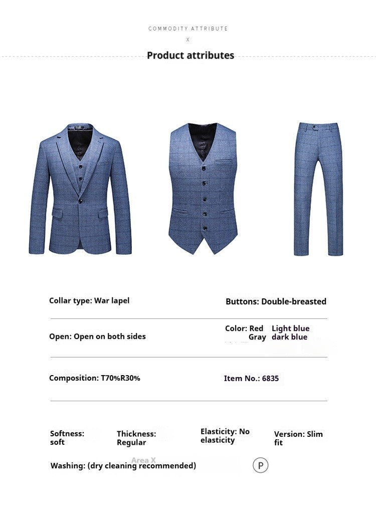 Mens Suits 3 Piece Business Office Formal Set Checkered Pattern Slim Fit Blazer Vest Pants High Quality Luxury Work Wedding
