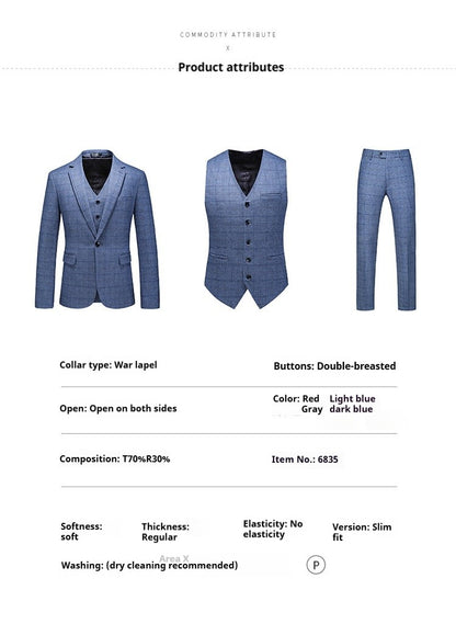 Mens Suits 3 Piece Business Office Formal Set Checkered Pattern Slim Fit Blazer Vest Pants High Quality Luxury Work Wedding