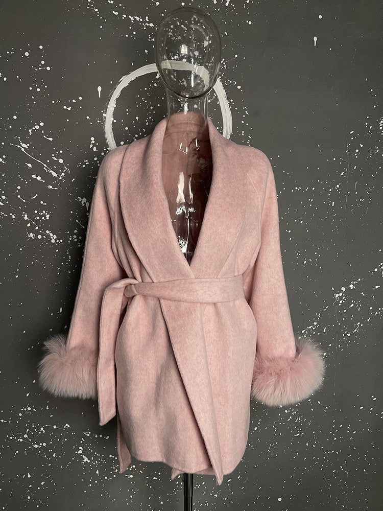 UCXQ Casaco Feminino Elegante OL para Escritório com Retalhos de Pelo Manga Comprida Lã Jaqueta de Roupa Feminina Bonita Outono Inverno 2025