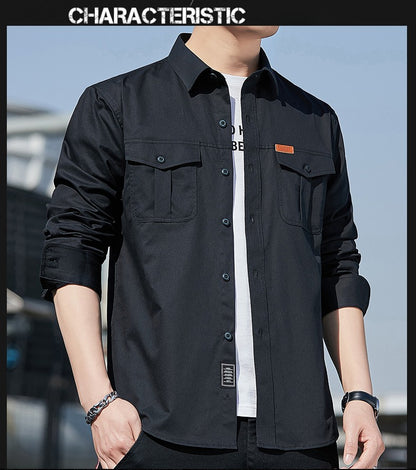 100% Cotton New Cargo Shirt for Men Long Sleeve 2 Pocket Shirts Outdoor Casual Blouses High Quality Clothing Overshirt