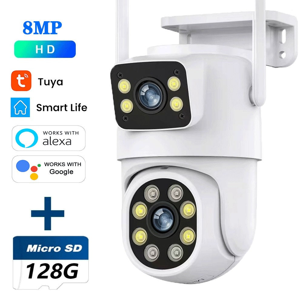 Câmera WIFI PTZ de Lente Dupla Tuya 4K 8MP para Exterior com Tela Dupla Ai Detecção Humana Automática Segurança com Alexa Google