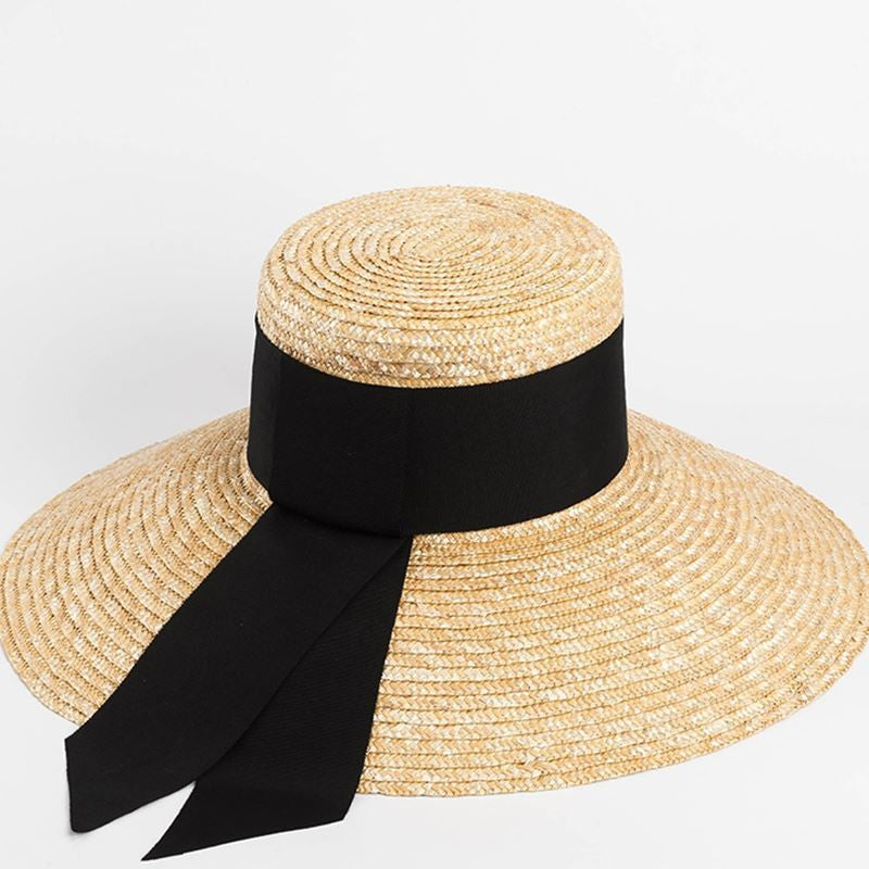 2024 Summer Straw Hat Beach Hat Women's Seaside Sun Hat Vacation Bow Ribbon Flat Top Big Brim Straw Hat praia ??