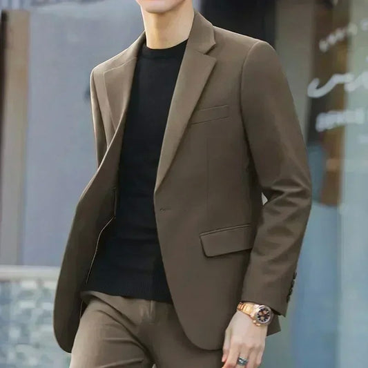 S-6XL Men's Business Casual Suit Korean Style Trendy Slim Fit 2 Piece Set Solid Color ?Blazer+ Pants )Groom Wedding Dress Party