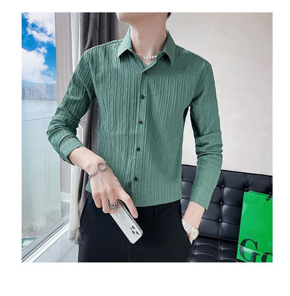 Streetwear Fashion Korean Clothing Solid Shirts Spring Autumn Men Long Sleeve Striped Lapel Single Sockets Business Casual Tops
