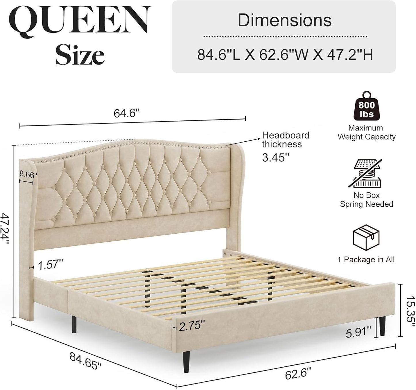 Estrutura de Cama Queen com Cabeceira, Cama Plataforma de Veludo Estofada de Luxo com Asa Lateral, Capitão e Acabamento com Tachas, Ant