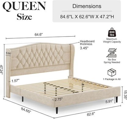 Estrutura de Cama Queen com Cabeceira, Cama Plataforma de Veludo Estofada de Luxo com Asa Lateral, Capitão e Acabamento com Tachas, Ant