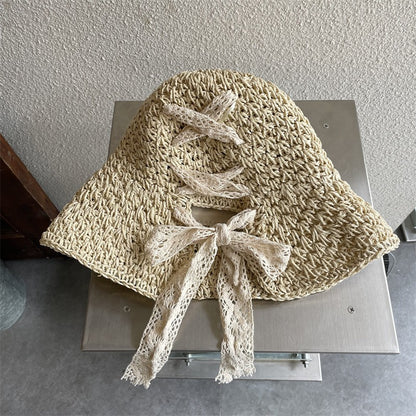 Straw Hat Women's Lace Bow Hollow Crochet Cap Summer Sunshade Sun Hat Fashion Foldable Beach Hat