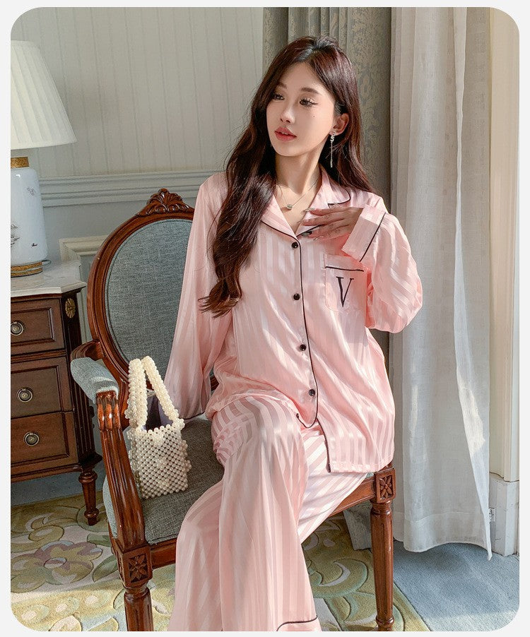 Women's Ice Silk Pajama Set Long Sleeve Long Pants Lightweight Sleepwear for Spring And Autumn Comfortable Homewear Pj Set
