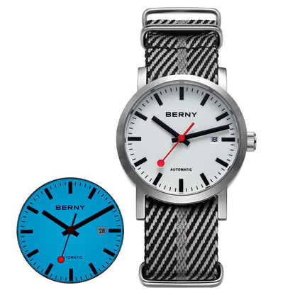 BERNY Automatic Watch Men 40mm Luminous Railway Time Dial MIYOTA 8215 Nylon Strap Sapphire 50M Waterproof Men's Mechanical Watch