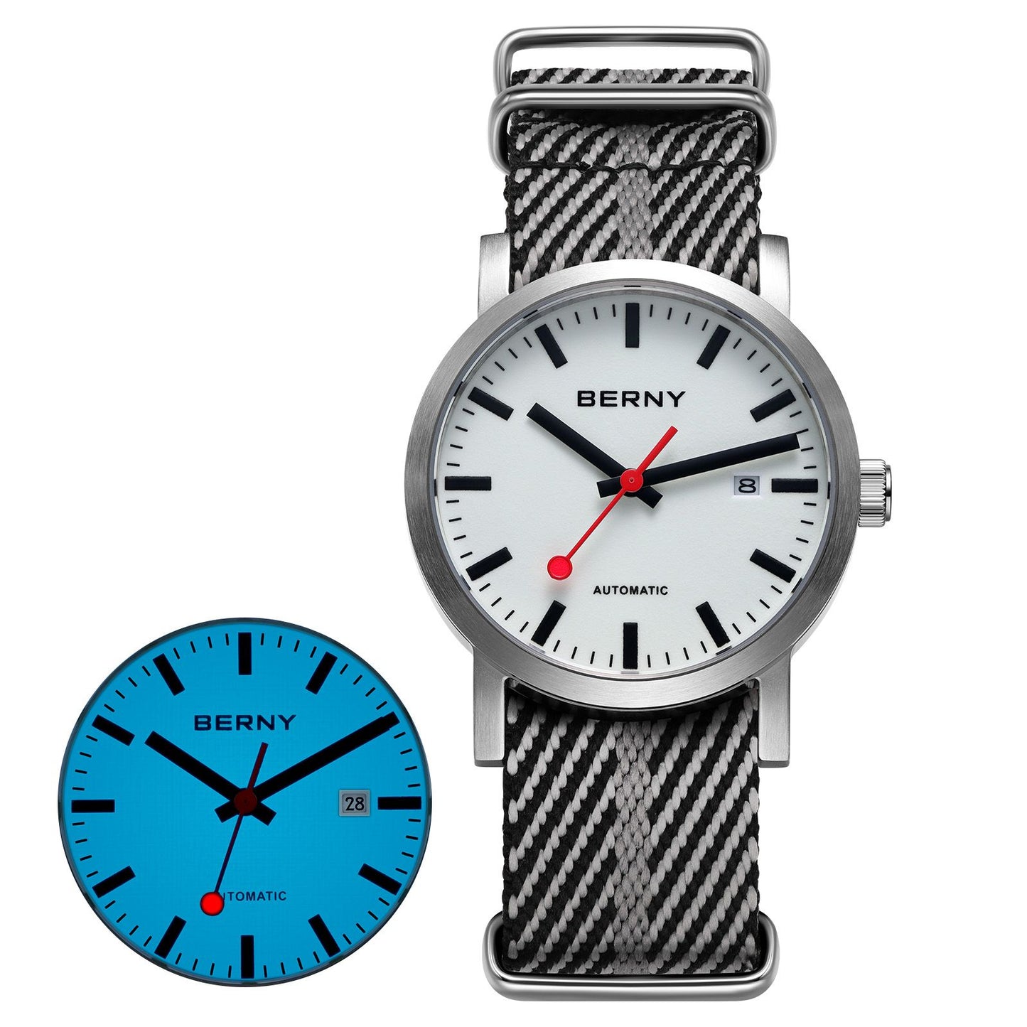 BERNY Automatic Watch Men 40mm Luminous Railway Time Dial MIYOTA 8215 Nylon Strap Sapphire 50M Waterproof Men's Mechanical Watch