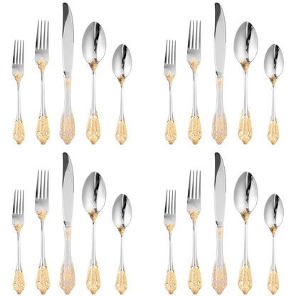 20Pcs High Quality Cutlery Set Handle Exquisite carving Stainless Steel Golden Tableware Knife Fork Spoon Flatware Set Silverwar