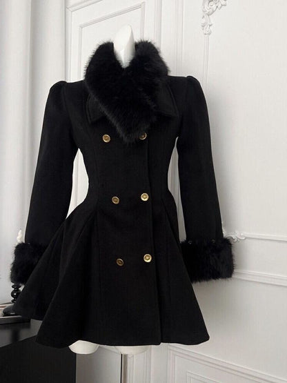 Winter Hepburn Black Fur Collar Woolen Coat French Style Vintage Blends Slim Mid-length Outwear Elegant Lolita Warm Outfits 2025