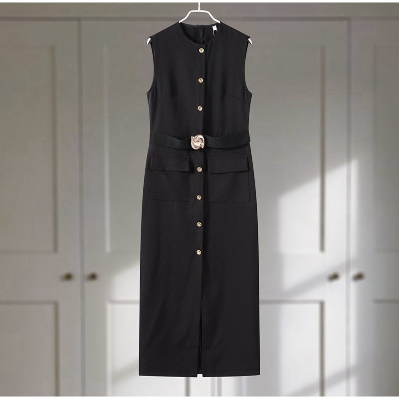Elegant Midi Dress Woman O-neck Single Breasted Sleeveless Pocket Dresses Female