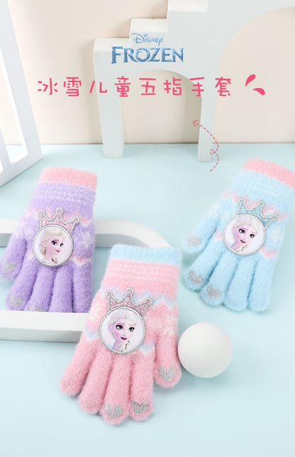 Disney Frozen Elsa desenho animado fofo e feminino coração outono e inverno luvas infantis grossas e quentes à prova de frio com dedos inteiros para atividades ao ar livre