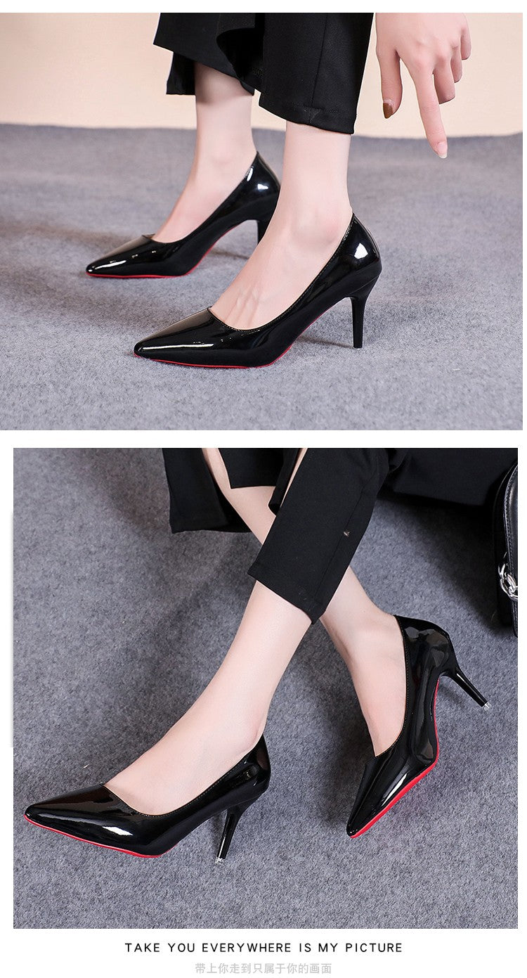 Sapatos de Salto Agulha Bico Fino de Couro Sintético Envernizado Sensuais, Sola Vermelha para Festa, Sapatos de Trabalho Pretos Clássicos para Meninas com Temperamento