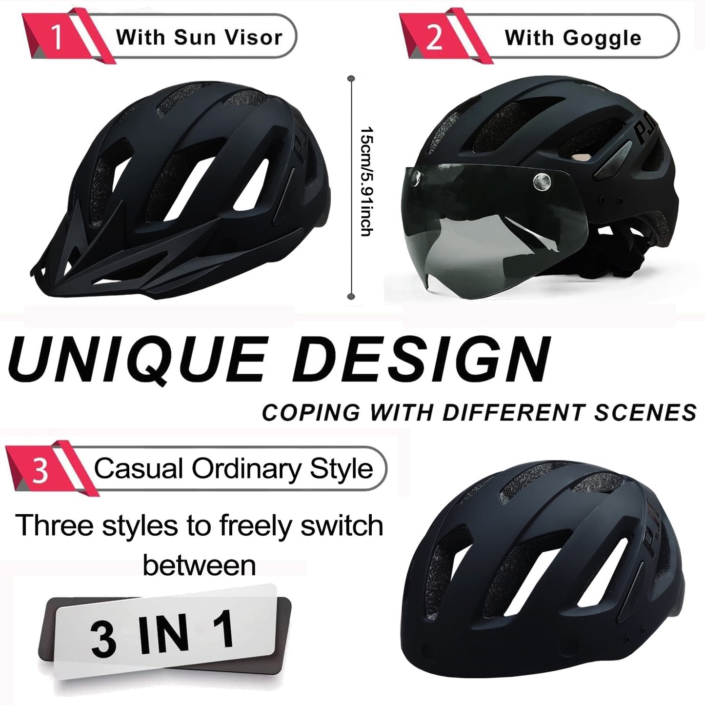 PJT Adult Bike Helmet With Rechargeable LED Rear Light Dual Mode Goggle Cycling Helmet MTB Lightweight Breathable Bicycle Helmet
