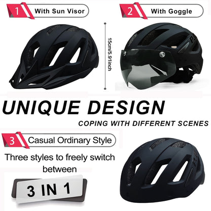 PJT Adult Bike Helmet With Rechargeable LED Rear Light Dual Mode Goggle Cycling Helmet MTB Lightweight Breathable Bicycle Helmet