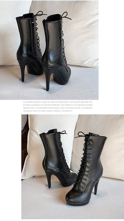 Elegant Boots and Ankle Boots for Women 12.5CM Black Matte Female High Heel Stripper Heels Round Toe Short Boots Footwear