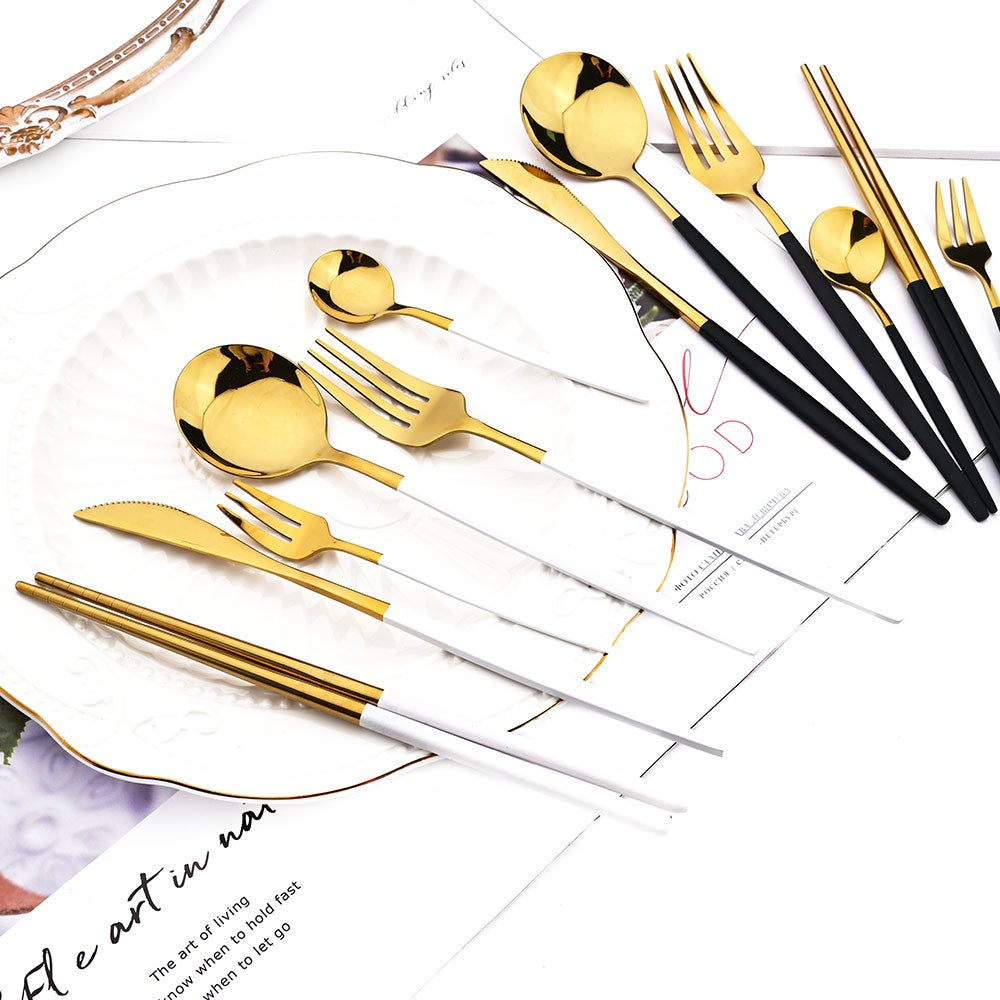 18Pcs Black Gold Dinnerware Dinner Spoons Chopsticks Cutlery Set Stainless Steel Tableware Sets Kitchen Home Silverware Set
