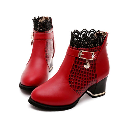 Women'S Ladies Boots Fall Winter Vintage Leather Lace Short Boots Shoes Women'S Fashion Lace Trim Boots Mid-Heeled Boots